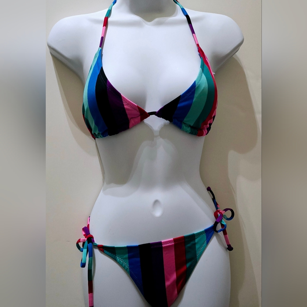 Colorful Striped String Bikini Top and Bottom Set. Multicolor. Adjustable Bikini